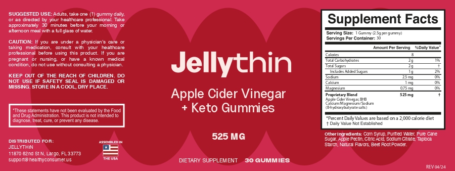 JellyThin Keto + ACV Gummies Supplement Facts label